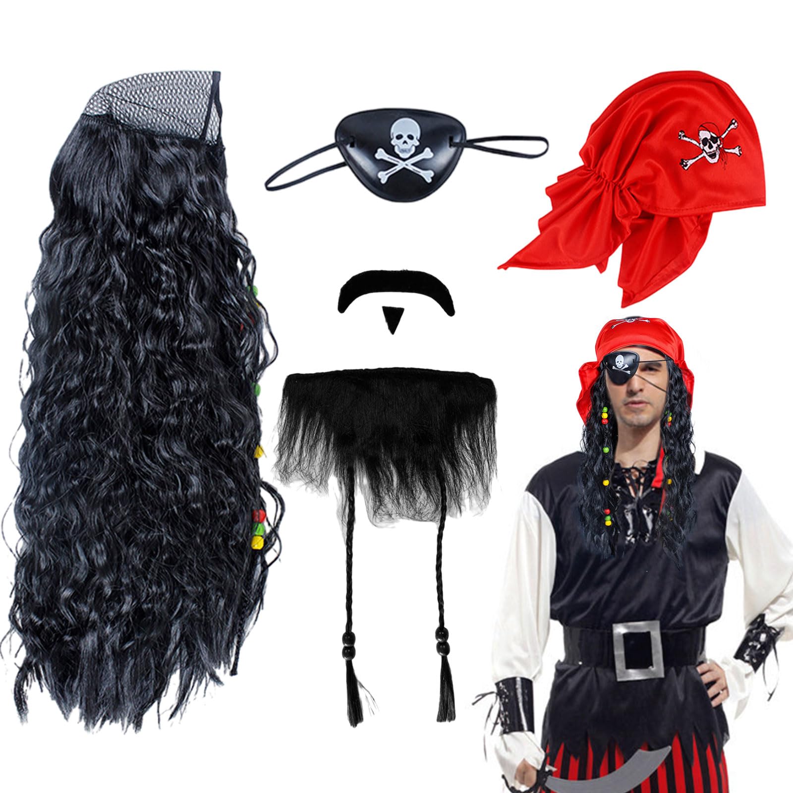 UILYNIU 4 Piece Pirate Costume Set Adults Children Captain Pirate Wig Pirate Hat Moustache Eye Patch Pirate Costume Men Women Pirate Capers for Halloween Carnival Cosplay (4 Pieces)