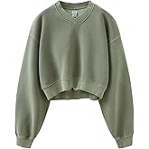 Meladyan Women Casual Cropped Sweatshirt Basic Solid Long Sleeve Fleece V Neck Loose Drop Shoulder Pullover Crop Tops Vintage