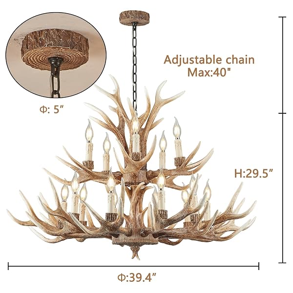 VIMATTO FARMHOUSE DEER CHANDELIER DOUBLE LAYER 10+5 LIGHT BROWN ANTLER CHANDELIER LIGHTING, VINTAGE RUSTIC ANTLER LAMPS RUSTIC ART DECO STYLE LIVING ROOM DINING ROOM (10+5 LIGHT ARMS + 3 ARMS)