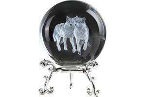 QIANCHANG 3D Wolf Crystal Ball with Stand, Wolf Figurine Decor Glass Animal Globe, Wolves Gifts for Women(60mm)