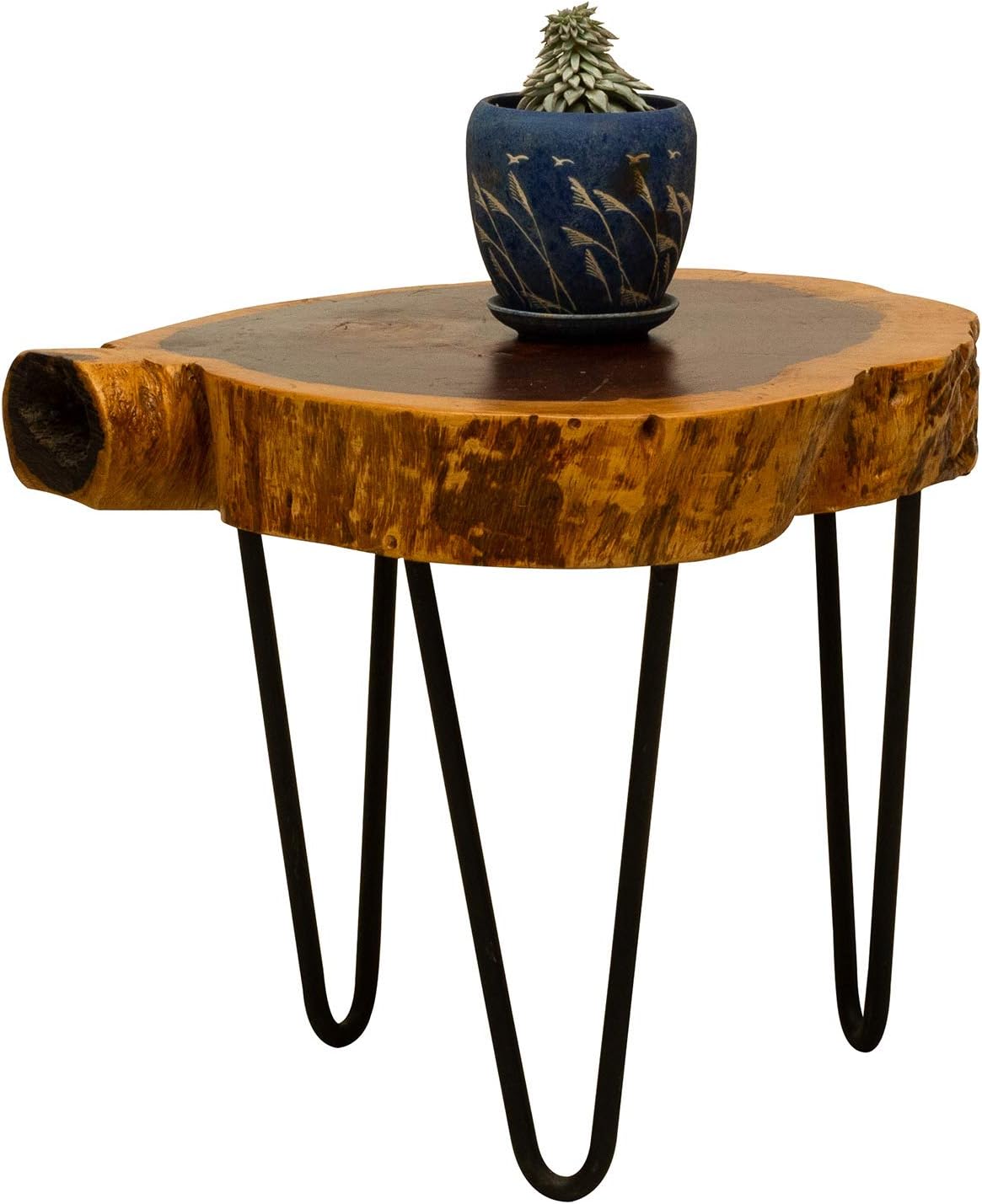 Timberly Modern Log Side Table Garden Table with Metal Hairpin Legs