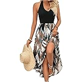 Floerns Women's Tropical Print Sleeveless Halter Summer Dress Patchwork Midi Dress Beach Vacation Sundress