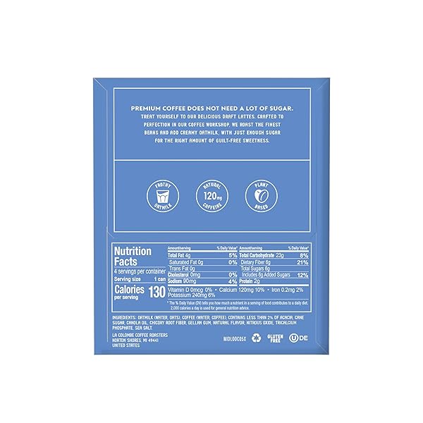 LA COLOMBE DOUBLE DRAFT LATTE WITH OATMILK – 9 FL. OZ. 4 PACK – 100% ARABICA BRAZILIAN COLD BREW COFFEE WITH NITROUS-INFUSED OATMILK, DAIRY-FREE VEGAN LATTE, 120MG NATURAL CAFFEINE