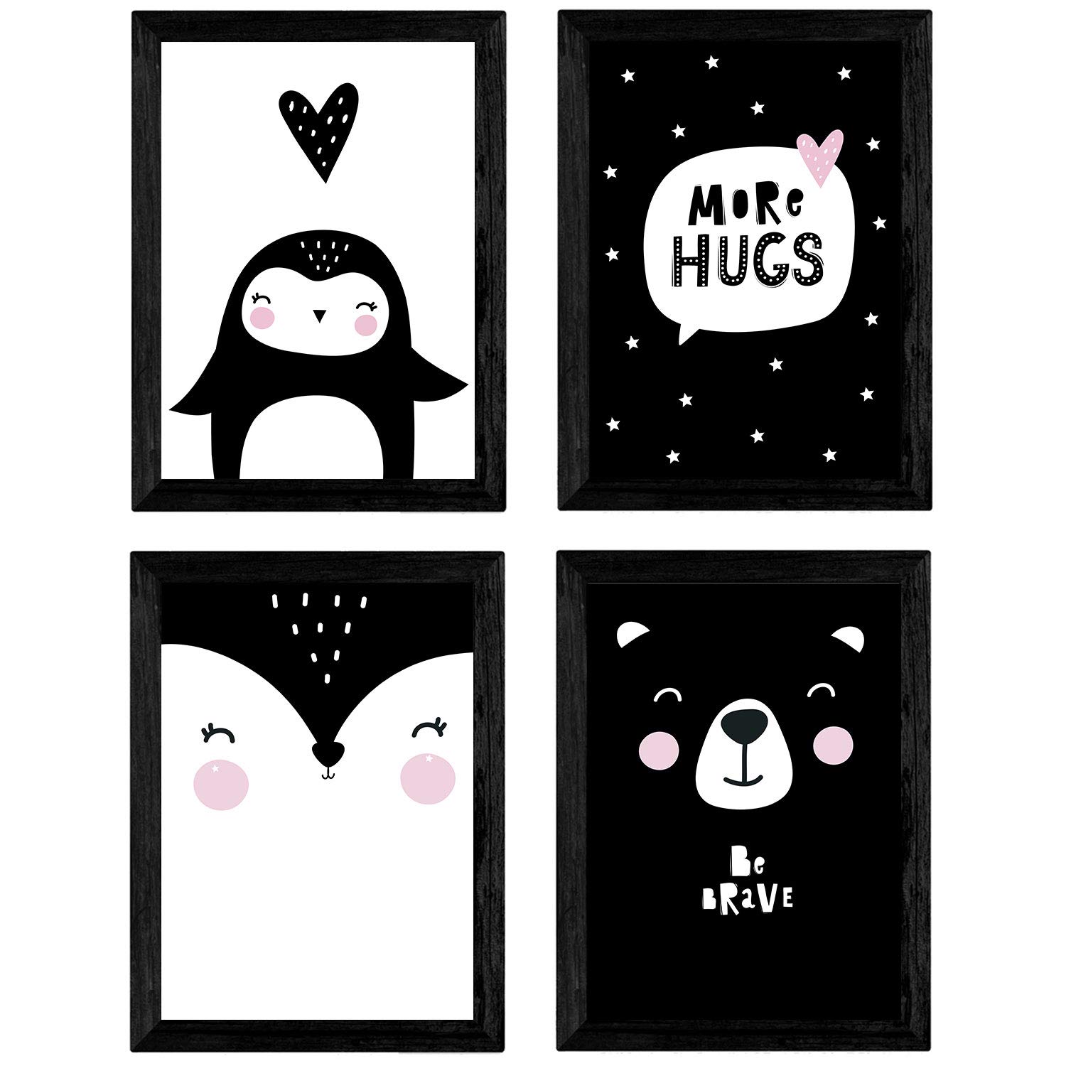 Nacnic Set of 4 sheets Pinguino, fox and bear hugs. Posters animals. A4 unframed