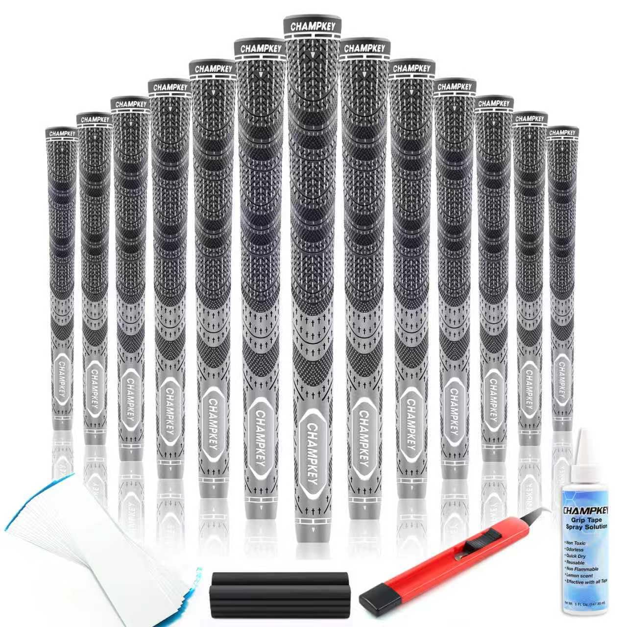 CHAMPKEY Premium Hybrid Golf Grips 13 Pack | All Weather Performance Golf Club Grips | Choose Between 13 Grips with 15 Tapse and 13 Grips with All Kits (Grey, Standard)