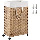 SETVSON Slim Laundry Hamper with Wheels, 48L Narrow Laundry Hamper Natural | Sturdy Steel Frame. Handwoven PE Rattan.Drawstring removable inner liner. Handles for easy moving. For Small Corner Space