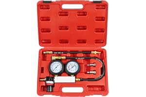 JoyFans Cylinder Leak Down Tester Kit, Professional Dual Pressure Gauges Engine Compression Leakdown Detector Leakage Test Set for Gasoline Engine with 10 12 14mm Spark Plugs Red