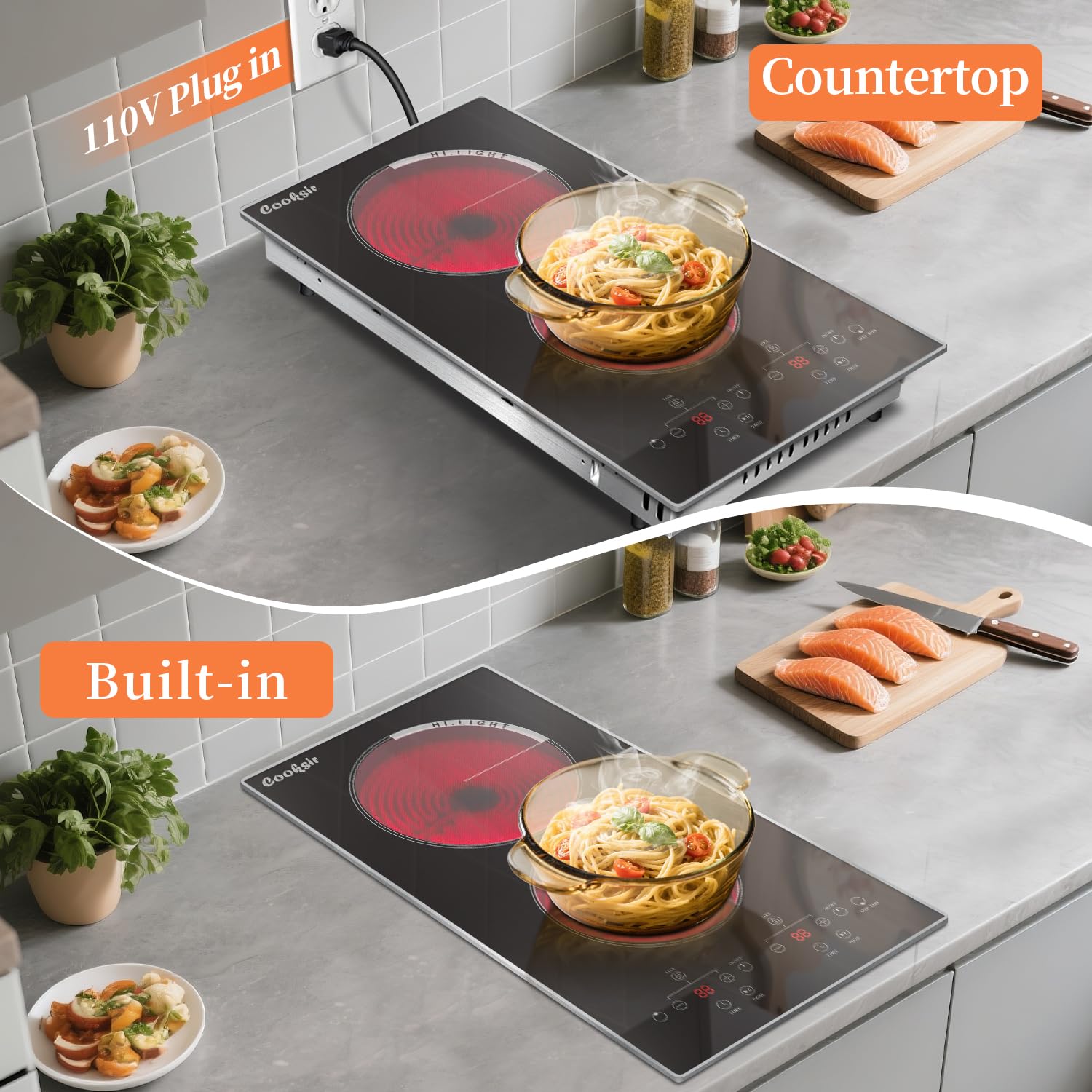 23 Inch Countertop Electric Cooktop 4 Burner - 110V Plug-In Ceramic Stovetop With 9 Heating Levels