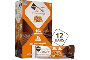 NuGo Slim Dark Chocolate Crunchy Peanut Butter, 17g Vegan Protein, 3g Sugar, 7g Fiber, 180 Calories, Low Net Carbs, Gluten Free, 12 Count