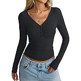 EasyGala Women Cotton Long Sleeve Henley Shirts V Neck Front Ruched Tops Sexy Low Cut Fitted T-Shirt Trendy Fall 2025