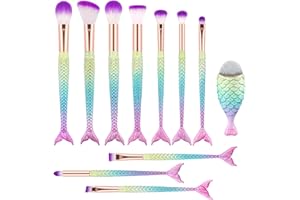 G-TEXNIK Makeup Brush Set 11pcs, Premium Synthetic Mermaid Make Up Brushes for Blush Highlight Concealer Fan Cute Cosmetic Brushes Collection