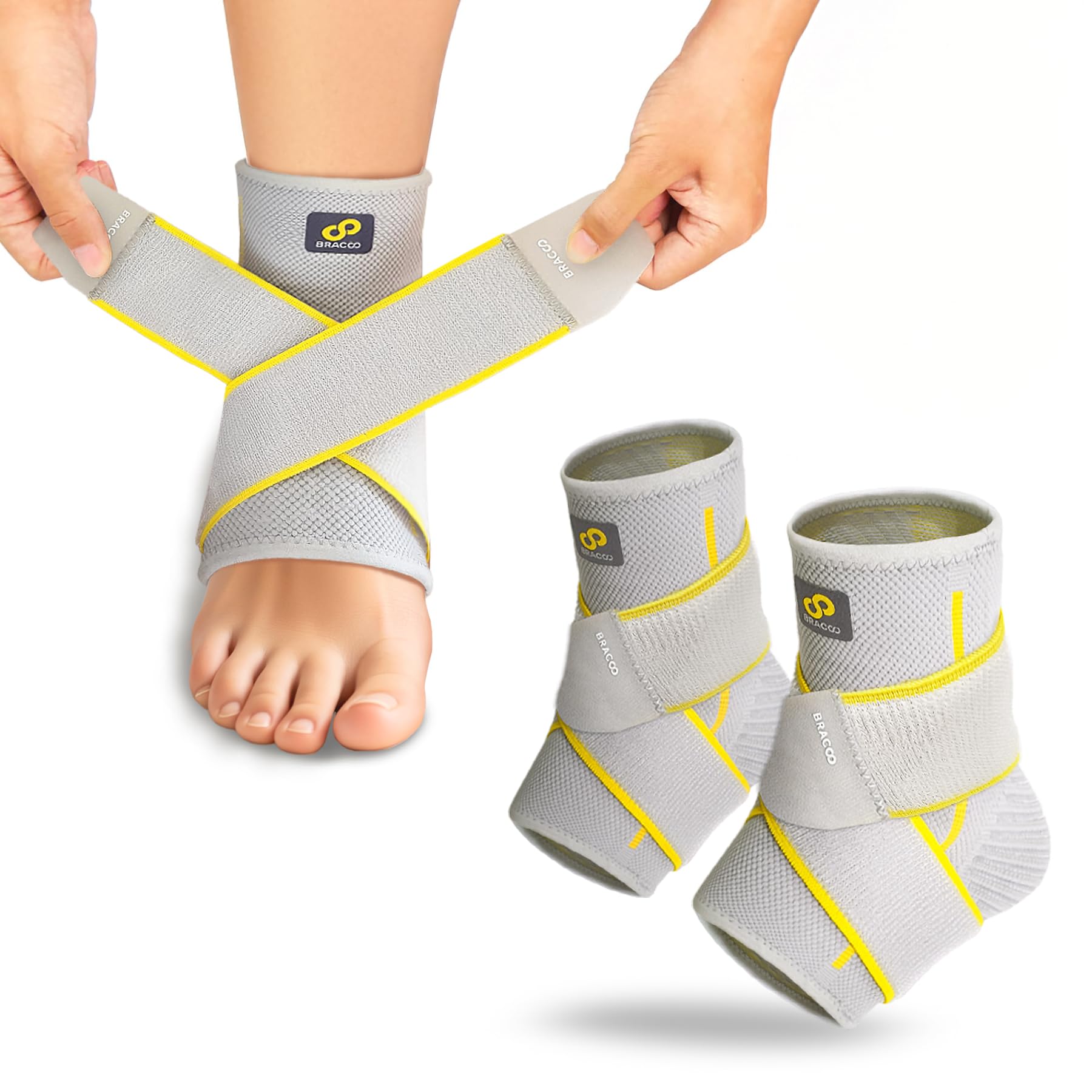 BRACOO Ankle Support for Men & Women (2 Pack) – Adjustable Foot Compression Brace for Plantar Fasciitis, Achilles Tendinitis, Ligament Damage, Sprains & Swelling, FS60 (Grey, S/M)