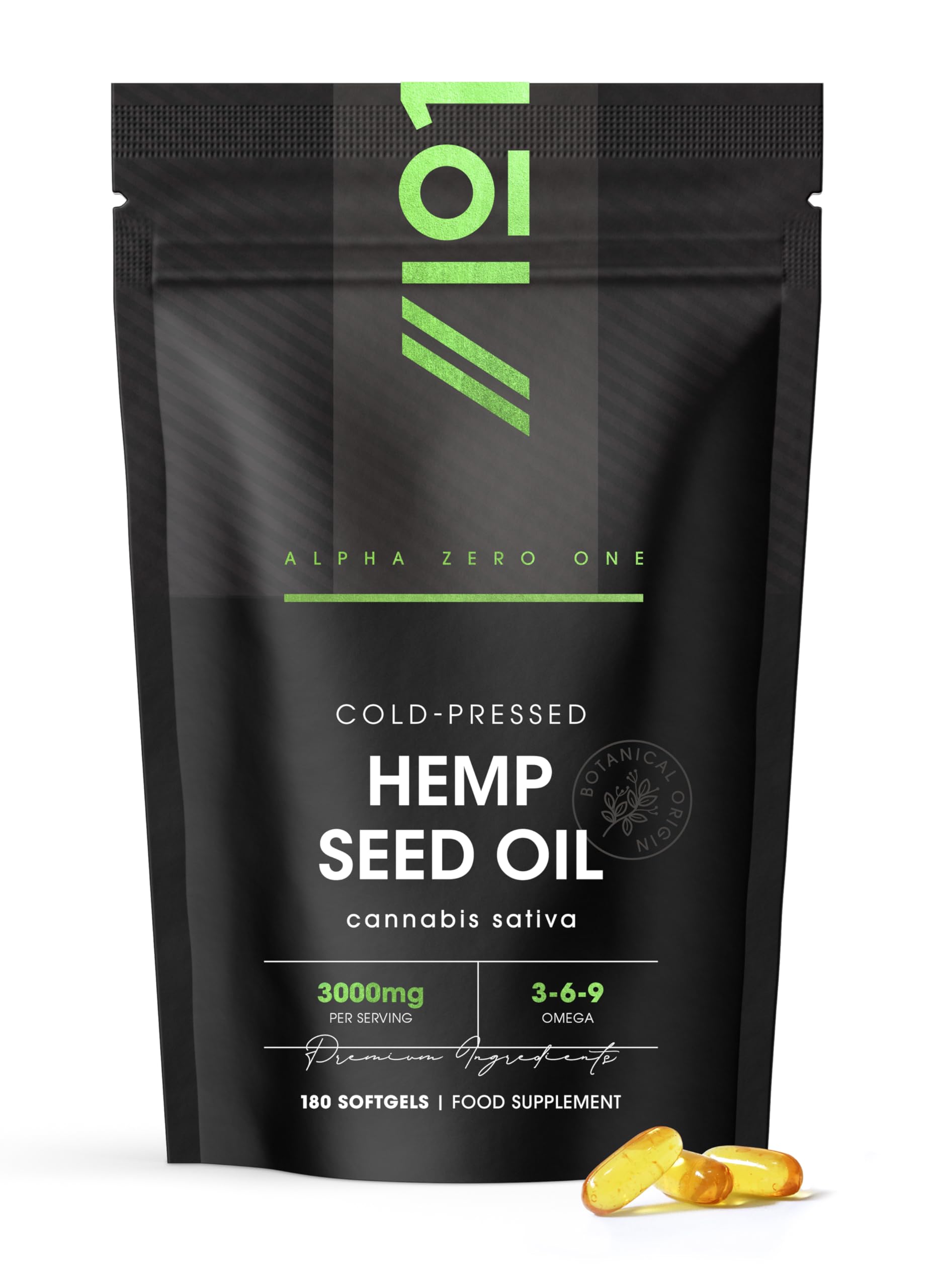 Hemp Seed Oil Softgels 3000mg - 180 Softgels - Cold-Pressed - Natural Source of Omega 3, 6, & 9 - Resealable and Recyclable Pouch by Alpha01