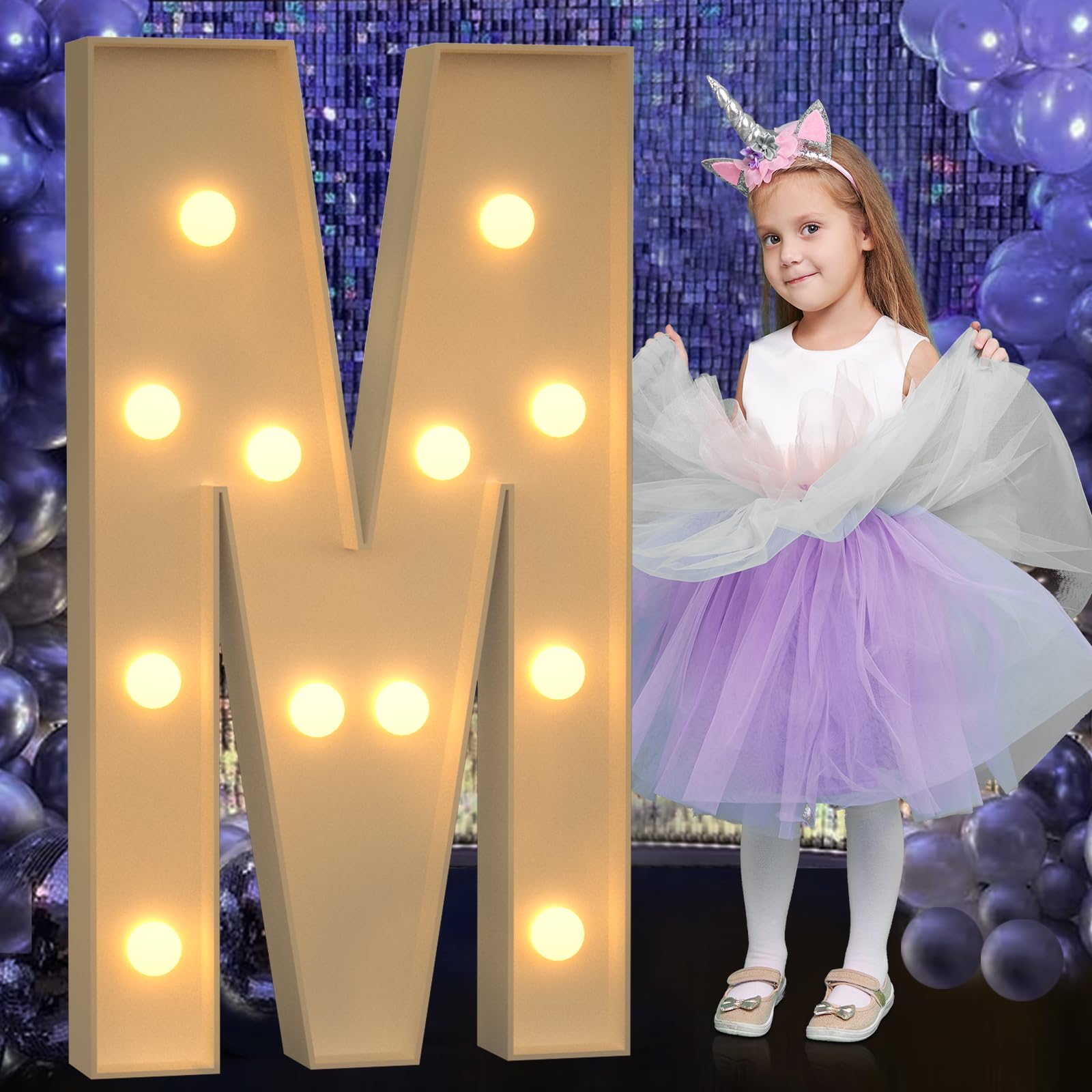 Photo 1 of Mixifox Marquee Light Up Letters, 4FT Marquee Letters, Large Light Up Letter for Party Decor, Mosaic Balloon Frame, Cardboard Letter for Birthday Wedding Engagement Party Decorations, Giant Letter M