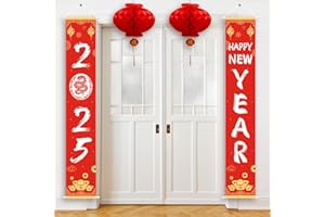 MOUKEREN Happy New Year Banner Chinese New Year 2025 Porch Sign with 2 Pieces Chinese Red Paper Lanterns Happy New Year Christmas Door Decorations Chinese Couplets Set for New Year Spring Festival
