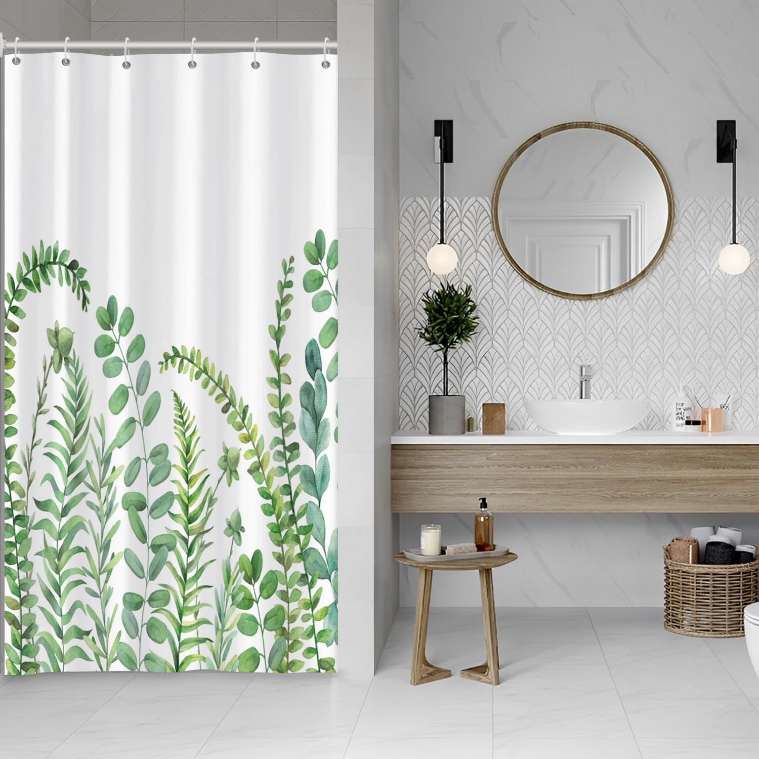 ASDCXZ Green Leaves Shower Curtain 120x200 cm, Spring Green Eucalyptus Leaves Plants Bath Washable Narrow Shower Curtains Polyester Textile Waterproof Shower Curtain for Bathtub with 8 Hook