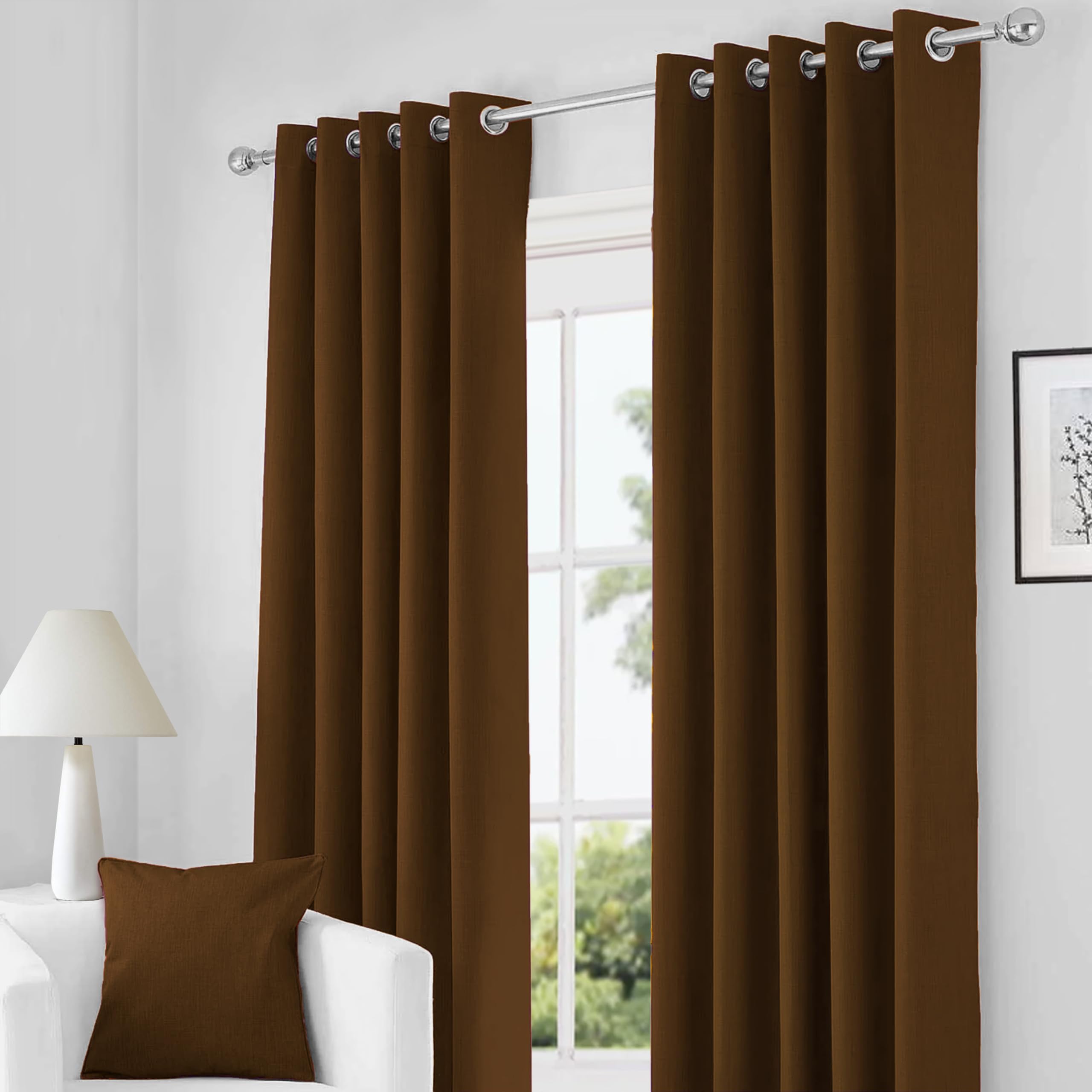 RayyanLinen Readymade Blackout Thermal Eyelet Ring Top Pair of Curtains Including 2 Tiebacks (CHOCOLATE, Width 46" x Drop 54")