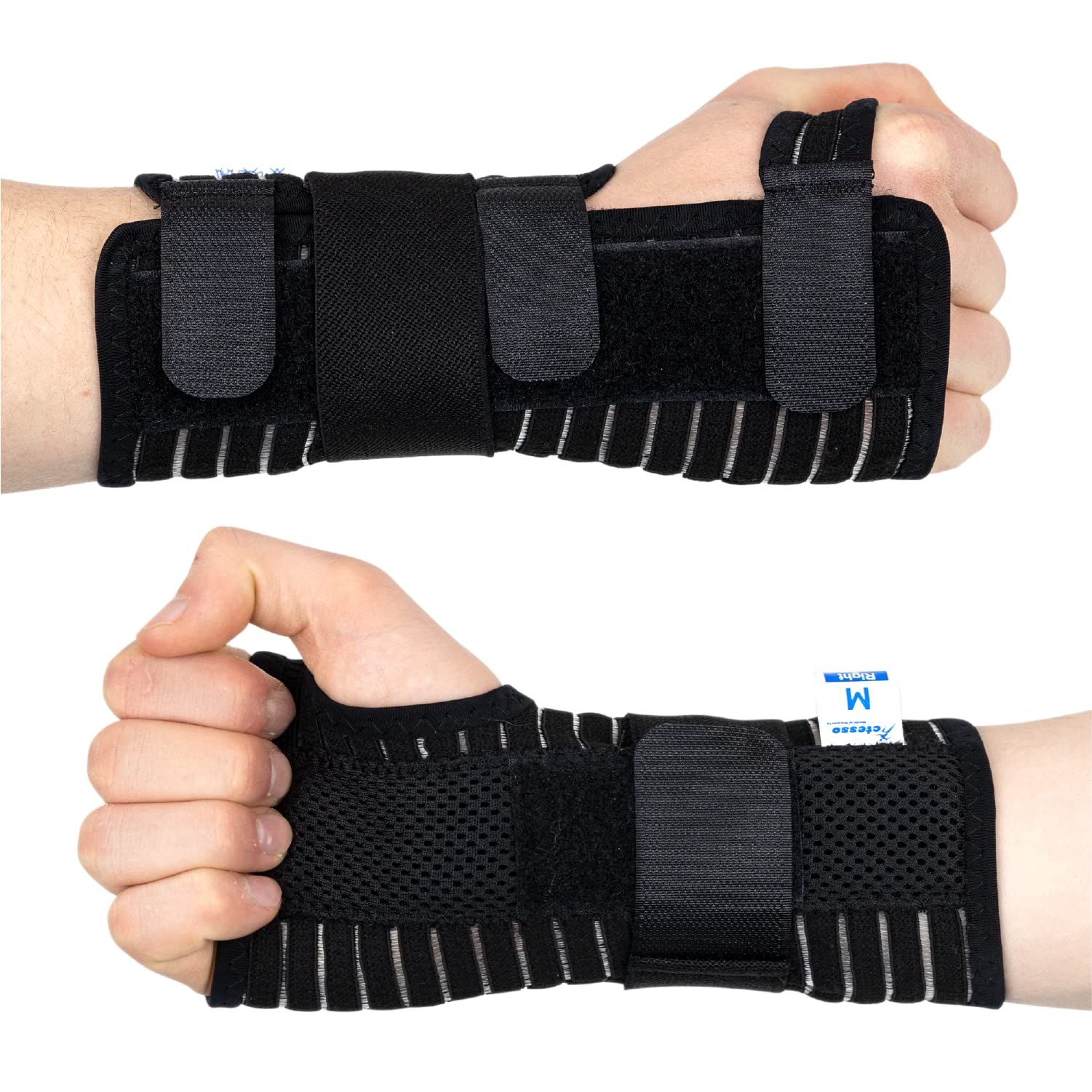 Actesso Breathable Wrist Brace Splint with Support Strap - Ideal for Carpal Tunnel, Sprains, and Tendonitis (Black, Right Hand, XL)