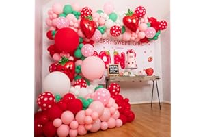 SHERYL DECOR ALL-IN-1 Strawberry Balloon Arch Kit & Garland with BONUS Strawberry – Small and Large Red Pink Green Strawberry Balloons – Strawberry Shortcake Party Decorations Supplies for Birthday & Baby Shower