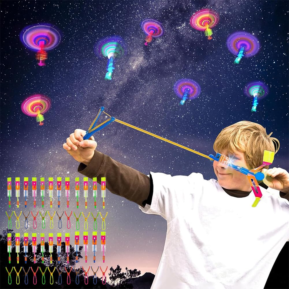 24packs LED Helicopter Slingshot Toys, Flying Toy Glow in the Dark, Rocket Helicopter Flying Toys with LED Lights, Outdoor Game for Kids & Adults, Party Favors Party Bag Fillers, Party Supplies