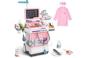 POFJOEQ Doctor Kit for Toddlers - Deluxe Pretend Play Medical Cart Toy Set with Stethoscope ,Thermometer,Doctor Costume & Carry Bag - Educational Role Play Gift for Kids Boys & Girls Ages 3 4 5（Pink）