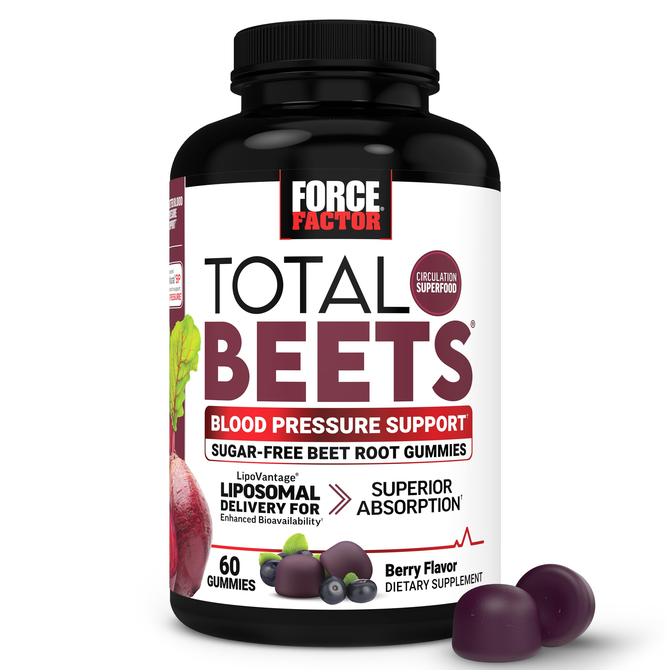 Force Factor Total Beets Gummies, Blood Pressure Support, Liposomal Beet Powder for Superior Absorption, Grape Seed for Nitric Oxide, Circulation & Heart Health, Sugar Free, Mixed Berry, 60 Gummies Image