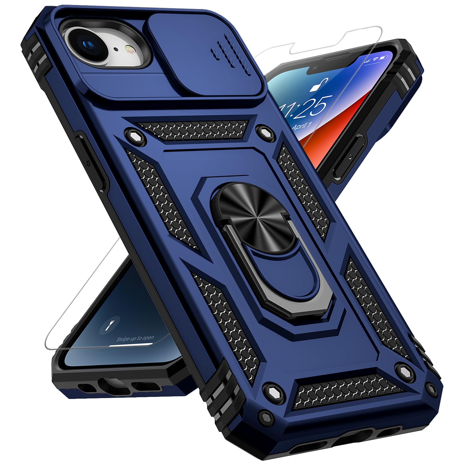 for iPhone 17E / iPhone 16E Case, with Slide Camera Cover HD Screen Protector [Military Grade 16ft. Drop Tested] Ring Holder Kickstand Protective Phone Case for Apple iPhone 17e / 16e, Navy Blue
