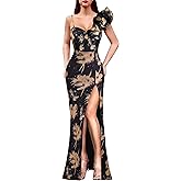VFSHOW Womens Ruffle One Shoulder Strap Ruched Formal Prom Wedding Maxi Dress V Neck Elegant Split Cocktail Evening Long Gown