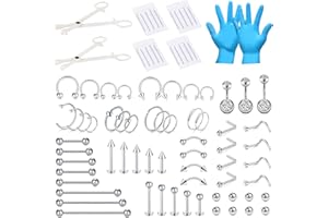DJCIW 75PCS Mixed-size Piercing Kit for All Piercing,316L Stainless Steel Piercing Kit with 14G 16G 18G 20G Piecing Needles Clamps for Cartilage Tragus Nose Septum Belly Lip Eyebrow Nipple Piercing