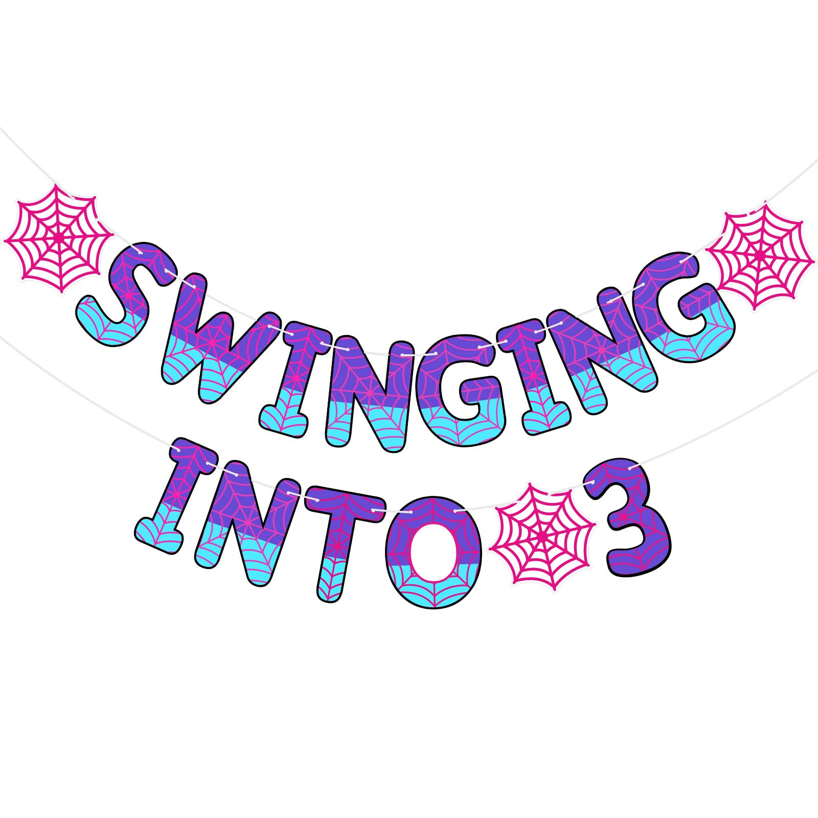 Photo 1 of TaoBary Spider Theme 3rd Birthday Banner, Pre-strung Swinging into 3 Banner, Ghost Spider 3rd Birthday Decorations Party Supplies for Kids, Third Decor for 3 Year Old Boys Girls(Pink and Purple)