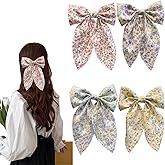 SALOCY Chiffon Hair Bows for Women Girls,4 PCS Barrette Hair Clip Long Black Ribbon Bows French Style Hair Accessories for Summer (Pink,Yellow,Blue,Purple)