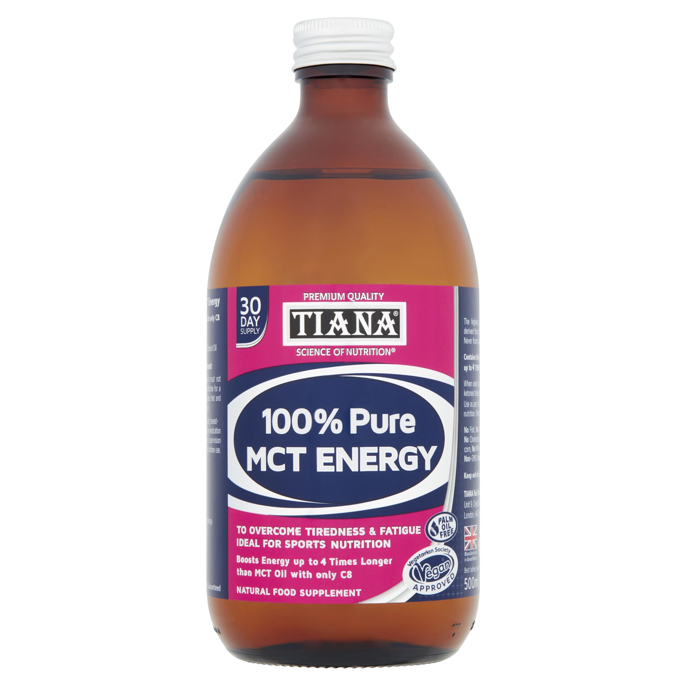 Organic MCT Oil 500ml – 100% Pure Coconut MCT (C6, C8, C10 & C12) – Odourless Keto Energy Oil – Vegan, Palm-Oil-Free & Fairtrade – TIANA