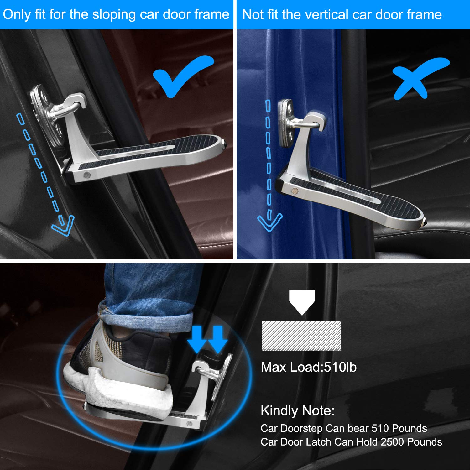 AK Car Doorstep Vehicle Rooftop Folding Ladder Foot Pegs with Safety Hammer Function Hooked on U Shaped Latch for Jeep SUV Off-Road Car, Easily Access to Car Rooftop Roof-Rack
