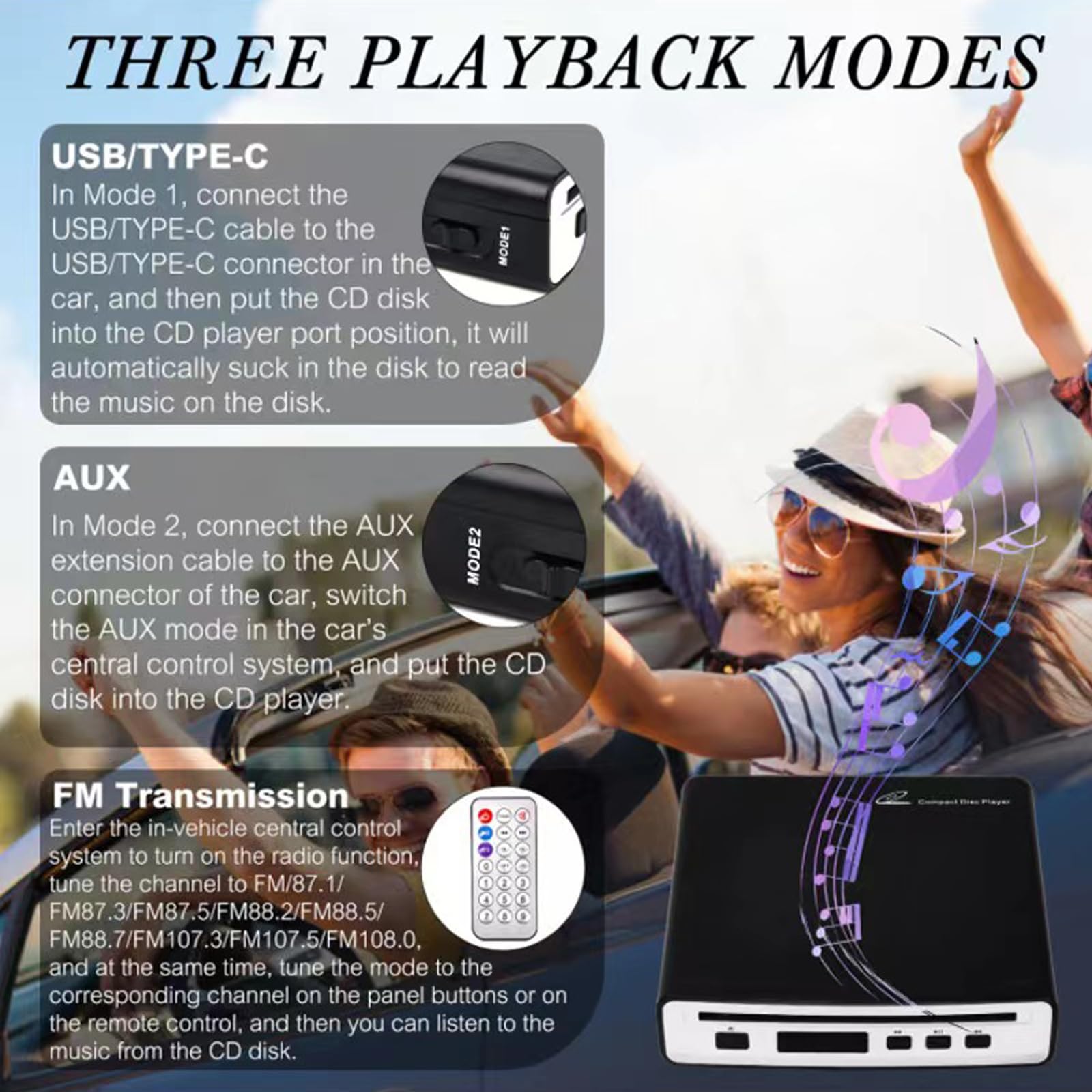 [Updated New Version] FLWLKEJI External Universal Car CD Player Vehicle CD Player,Portable CD Player for Car/TV/Laptop with USB or Type-C Port AUX Port Plug&Play and FM Transmitter Play CDs