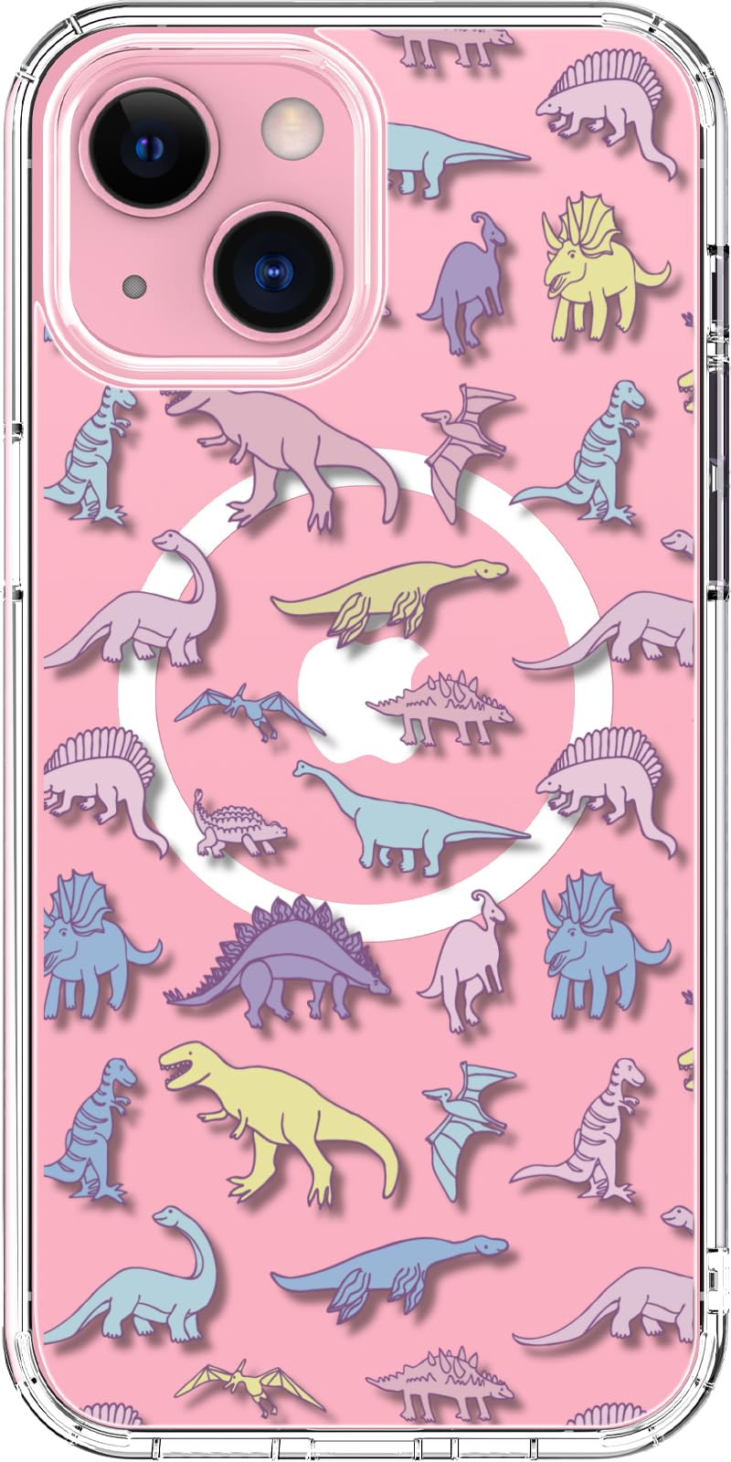 bicol for iPhone 13 Case with Screen Protector - Wireless Charging Compatible, Enhanced Camera Protection - Clear Acrylic Phone Cover with Trendy Floral Design for Women - Cute Dinosaurs