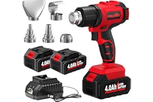 FULLYEA Cordless Heat Gun, Max 550°C (1022°F), Hot Air Gun Kit with 5 Nozzles & 2x4.0Ah Batteries, Fast Heating, 2-Temperature Setting, Portable Heat Gun for Shrink Tubing, PVC Wrap, Crafts (Red)