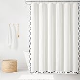 Lush Decor Coastal Chic Scallop Edge Linen-Textured Shower Curtain, Single 72" W x 72" L, Navy &amp; White - Scalloped Shower Curtains - Coastal Bathroom Curtain