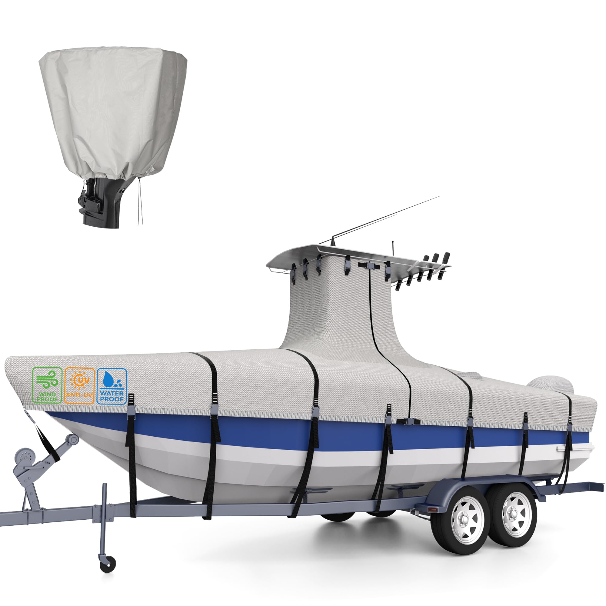 Photo 1 of 1200D 5-Ply T-Top Boat Cover for 17-19ft Center Console Boats with T Top Roof, Waterproof, Tear & Fade Resistant | Includes Motor Cover + Upgraded 15 Windproof Straps | All-Weather Protection