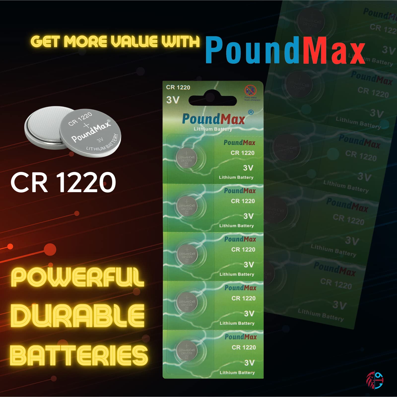 PoundMax CR 1220 Batteries 3v Lithium Button Cell Battery Combo Pack - 5 Count