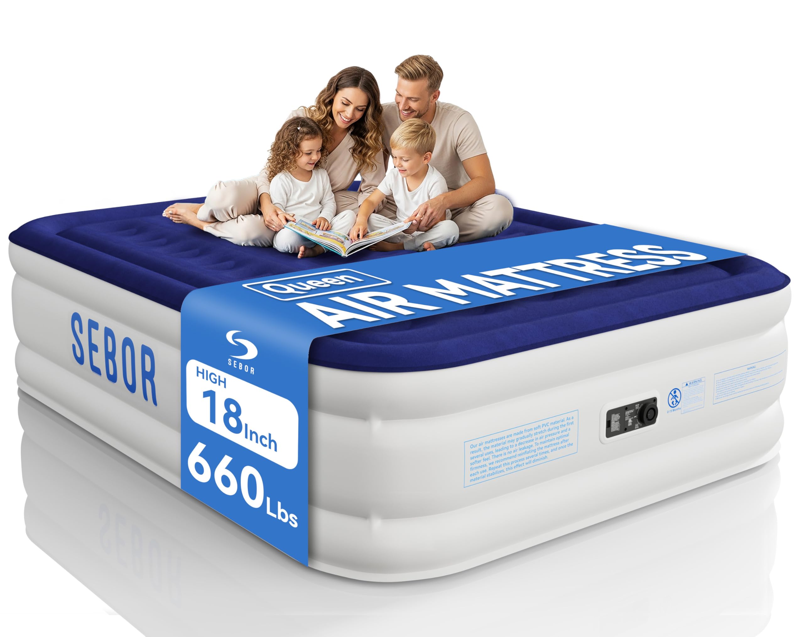 Sebor Air Mattress Queen with Built-in Pump 18", Comfortable Self-Inflating Air Mattress with High-Speed Pump, Durable Blow Up Mattress Queen with Storage Bag for Guests, Camping, Travel