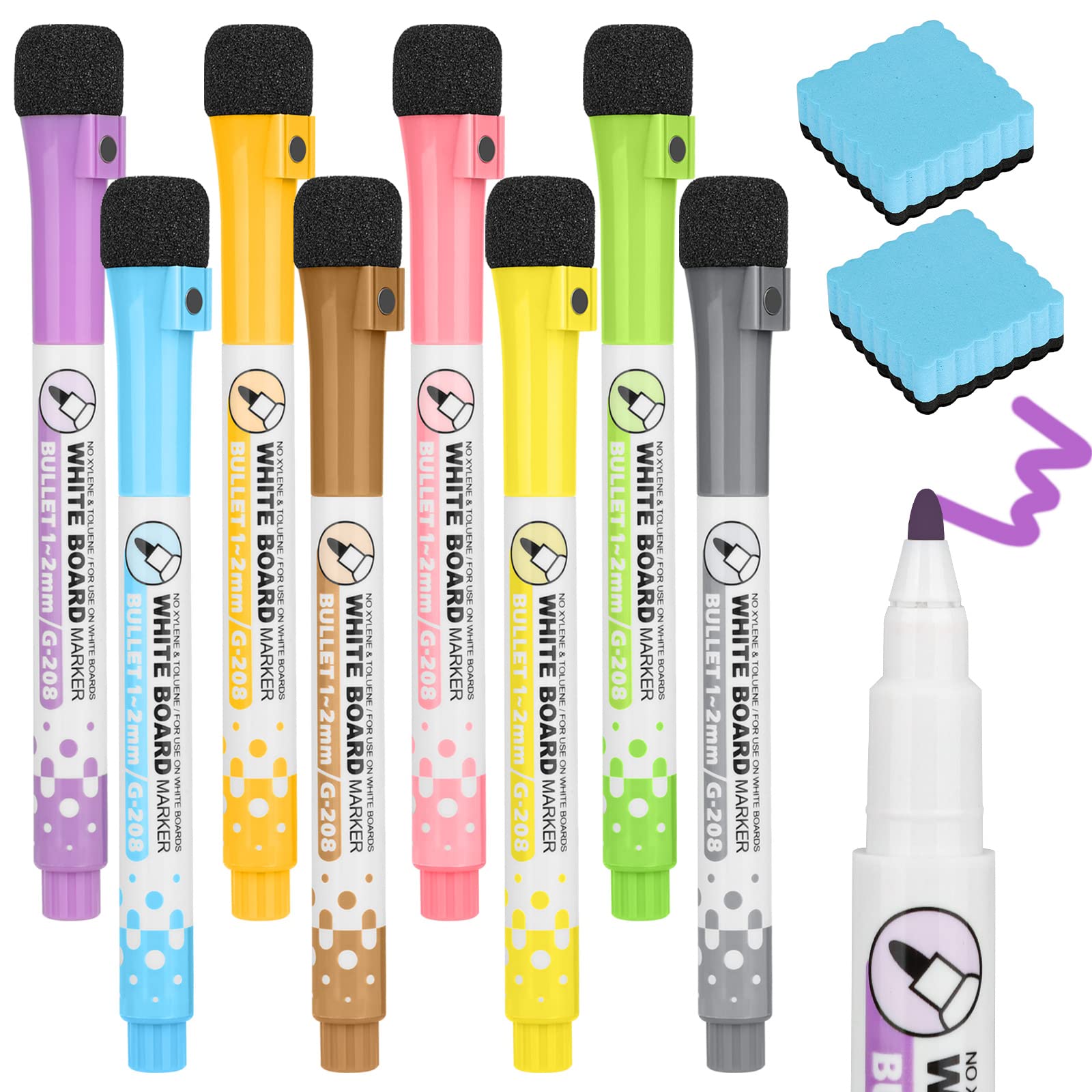 GOTRUST Dry Erase Markers Magnetic, Whiteboard Marker, 8 Color Markers Glass Pens, Washable Marker Liquid Chalk Pens Fine Tip Chalk Pen with 2 Eraser for White board Memo Boards