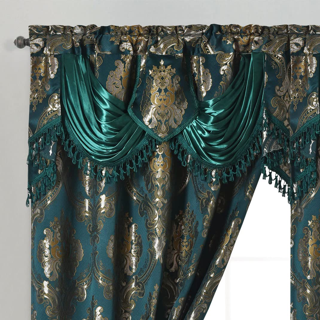 GOHD Luxe Love. Jacquard Window Curtain Panel Drape with Attached Fancy Valance. 2pcs Set. (Hunter Green, 54" Wide x 84" Drop with 18" Valance x 2pcs)