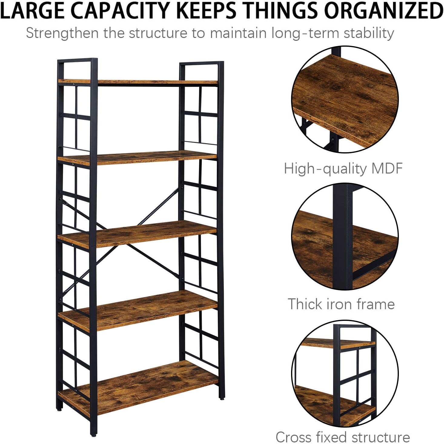 OIAHOMY Industrial Bookshelf，5-Tier Vintage Bookcase and Bookshelves，Rustic Wood and Metal Shelving Unit，Display Rack and Storage Organizer for Living Room, Rustic Brown: Furniture & Decor