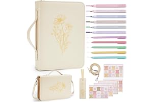 JUSTFORJOYFUL 19PCS Floral Beige Leather Bible Cover for Women Bible Cover Cases for Teen Girls Christmas Gift Christian Church Carrying Bag Journaling Kit with Shoulder Strap Highlighter Pens & Book Marker
