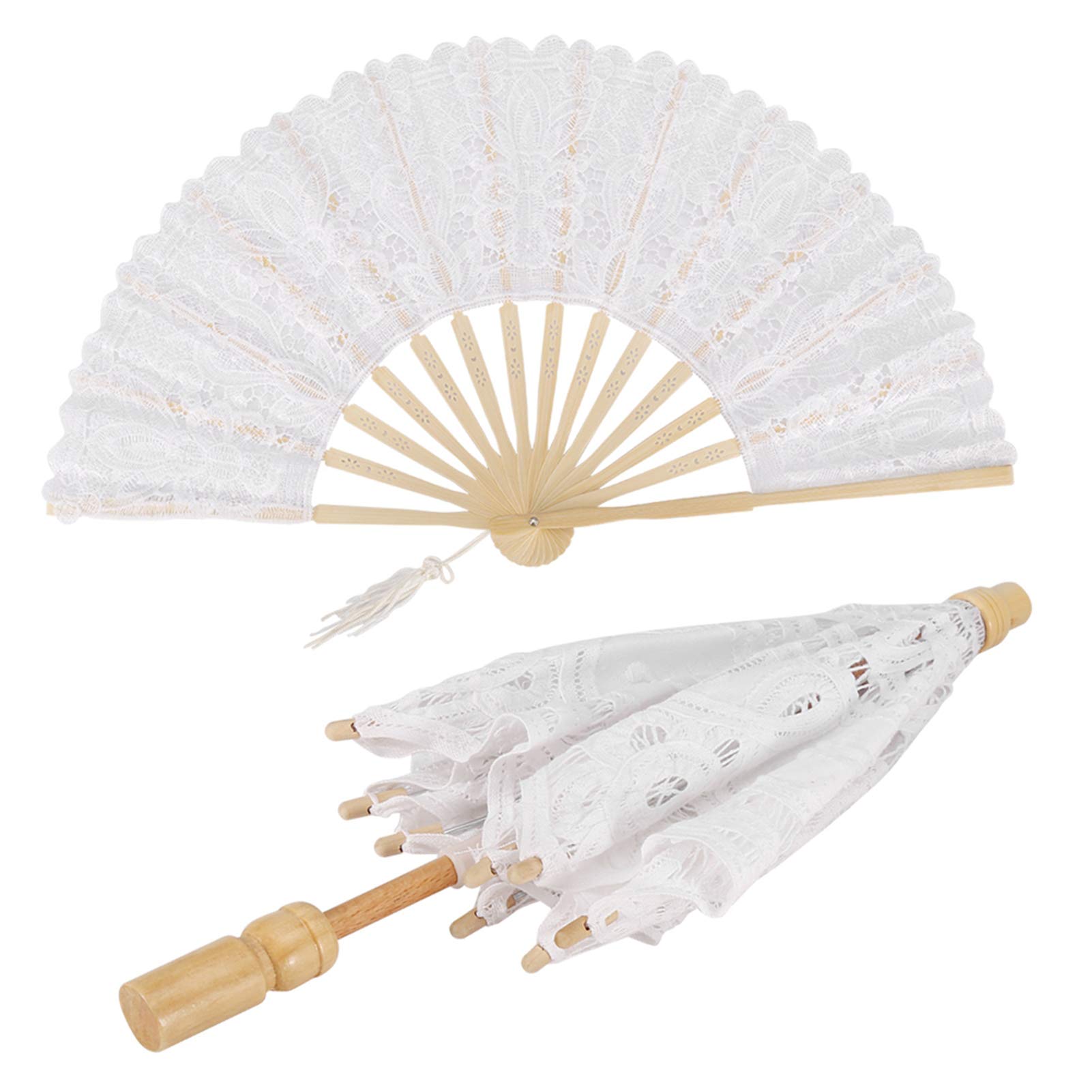 Lace Umbrella Fan Set Metal Ribs Ladies Lace Flower Bridal Umbrellas Foldable Parasol Cotton Lace Folding Handheld Fans for Wedding Photography Dance Party Prop Decoration Gifts