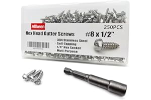 Allkeen 304 Stainless Steel Self Tapping Screws for Gutter Guard #8 x 1/2", 250 Pieces, Socket Bit Included