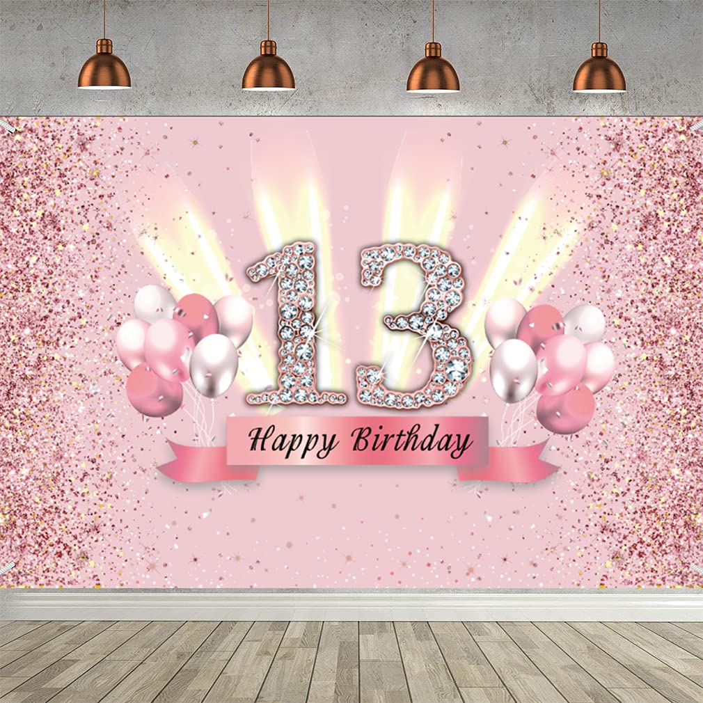 13th Birthday Backdrop Banner for Girls 13th Birthday Decoration Fabric Sign Poster 13th Anniversary Party Deco Photo Background Glitter Pink