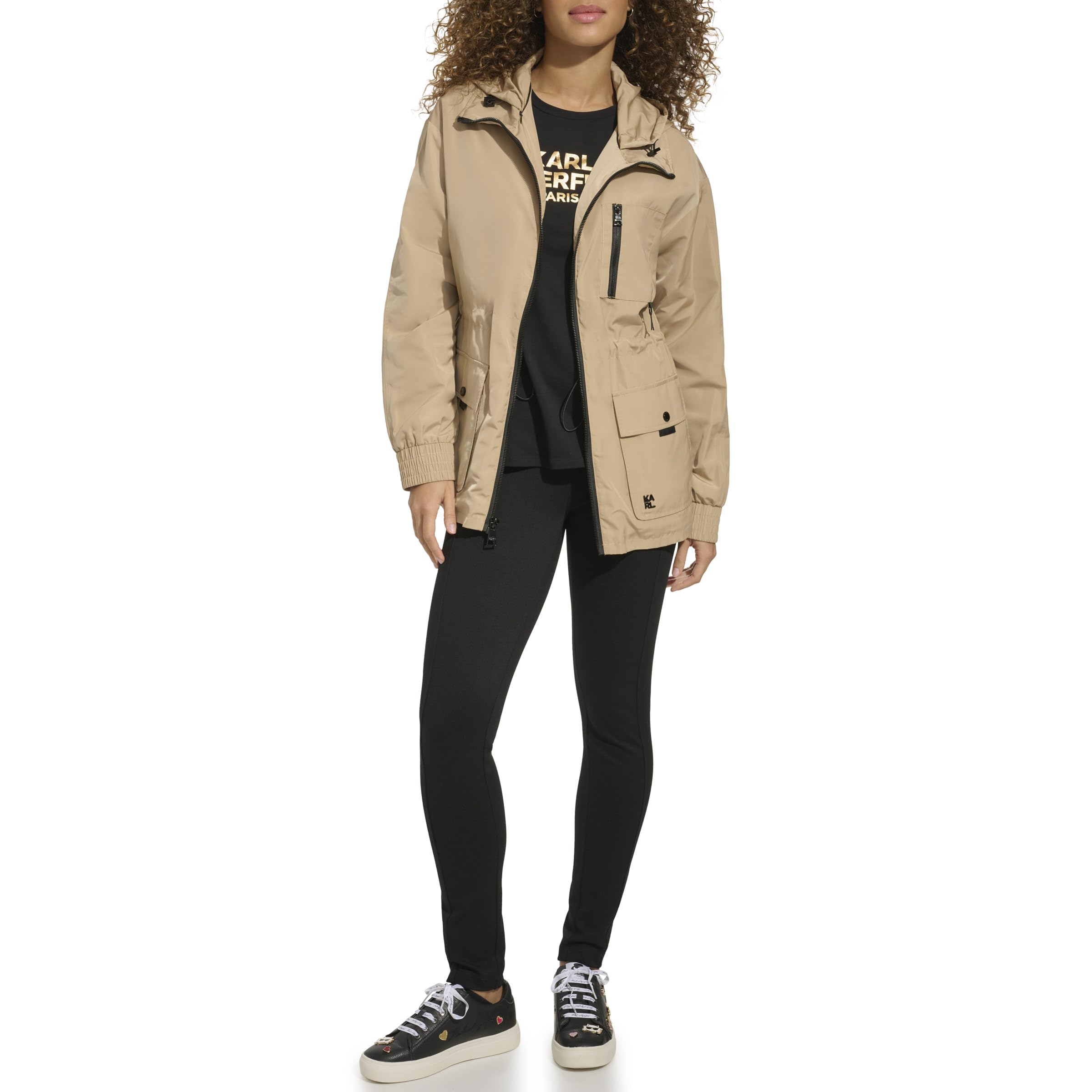 Karl Lagerfeld Paris Women’s Soft Windbreaker Rain Wear Durable 3 Pocket Anorak, Camel