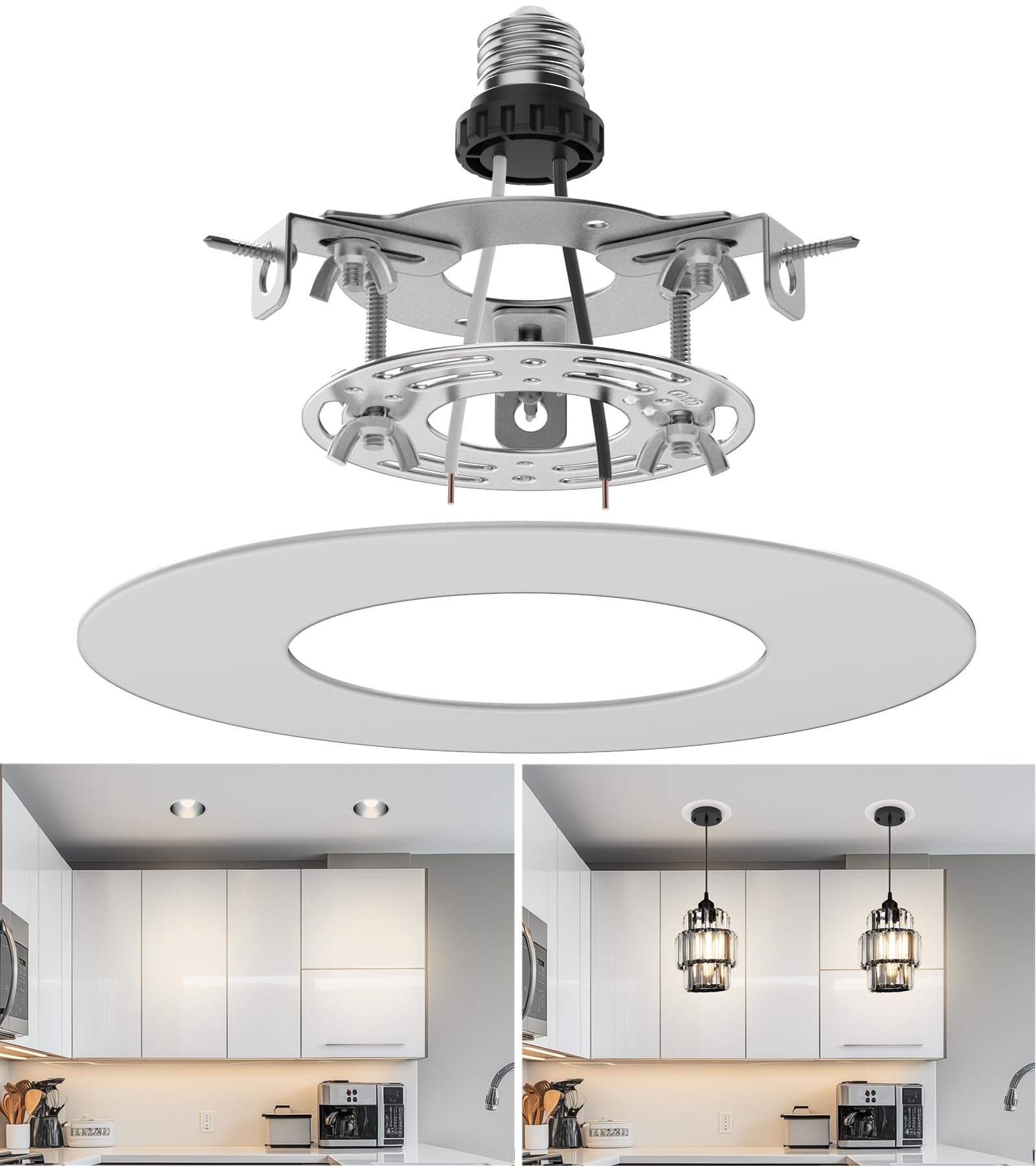 Photo 1 of tebio Recessed Can Light Conversion Kit for R5 and 6 Ceiling Fixtures - Pendant/Hanging Light Upgrade, Compatible with Ceiling Fans, Includes 7¾" Flat Steel Medallion, White Finish