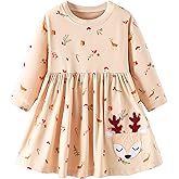 EULLA Girl Long Sleeve Christmas Dress Toddler Baby Deer Cartoon Applique Fall Dresses Clothes 2-7Y